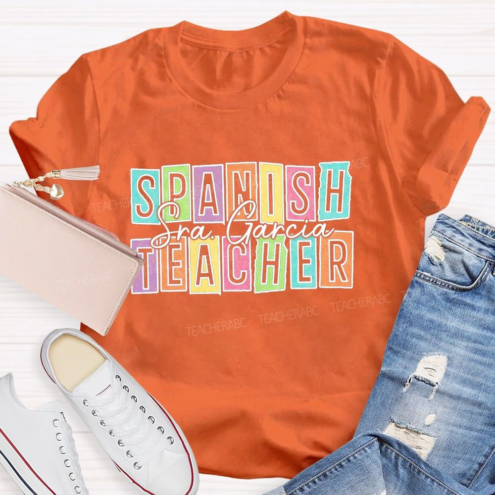 Personalized Name Spanish Teacher Color Block Letter Teacher T-shirt