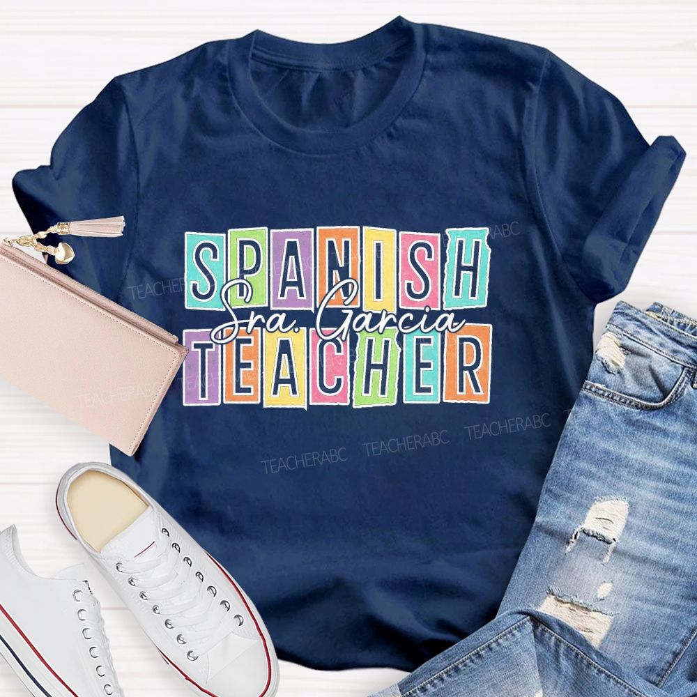 Personalized Name Spanish Teacher Color Block Letter Teacher T-shirt