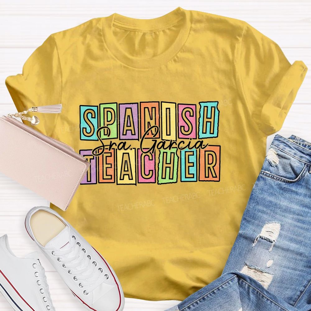 Personalized Name Spanish Teacher Color Block Letter Teacher T-shirt