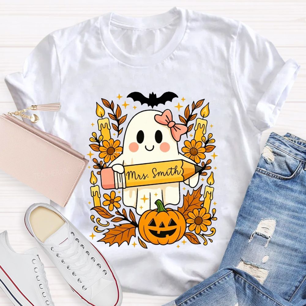 Personalized Name Fall Teacher Ghost Vibes T-shirt