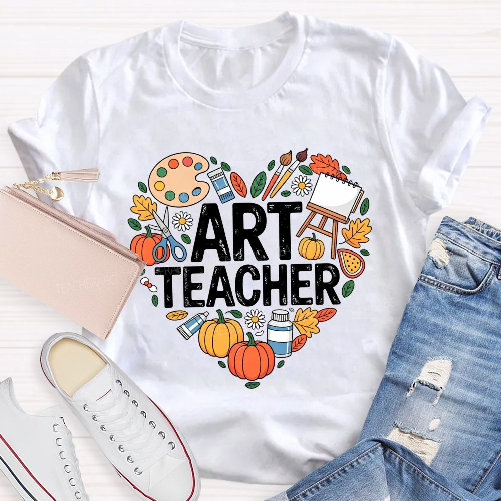 Fall Art Teacher Powered By Paint And Pumpkins Teacher T-shirt