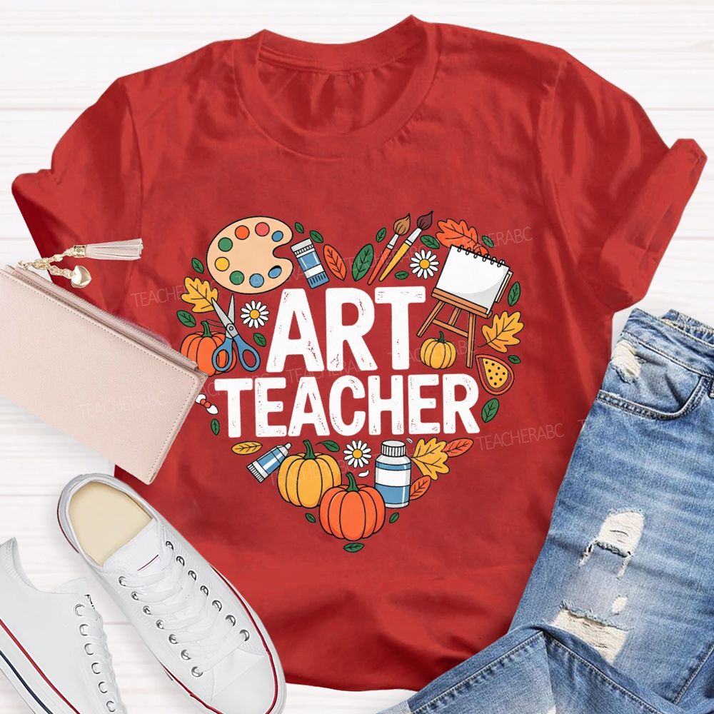Fall Art Teacher Powered By Paint And Pumpkins Teacher T-shirt