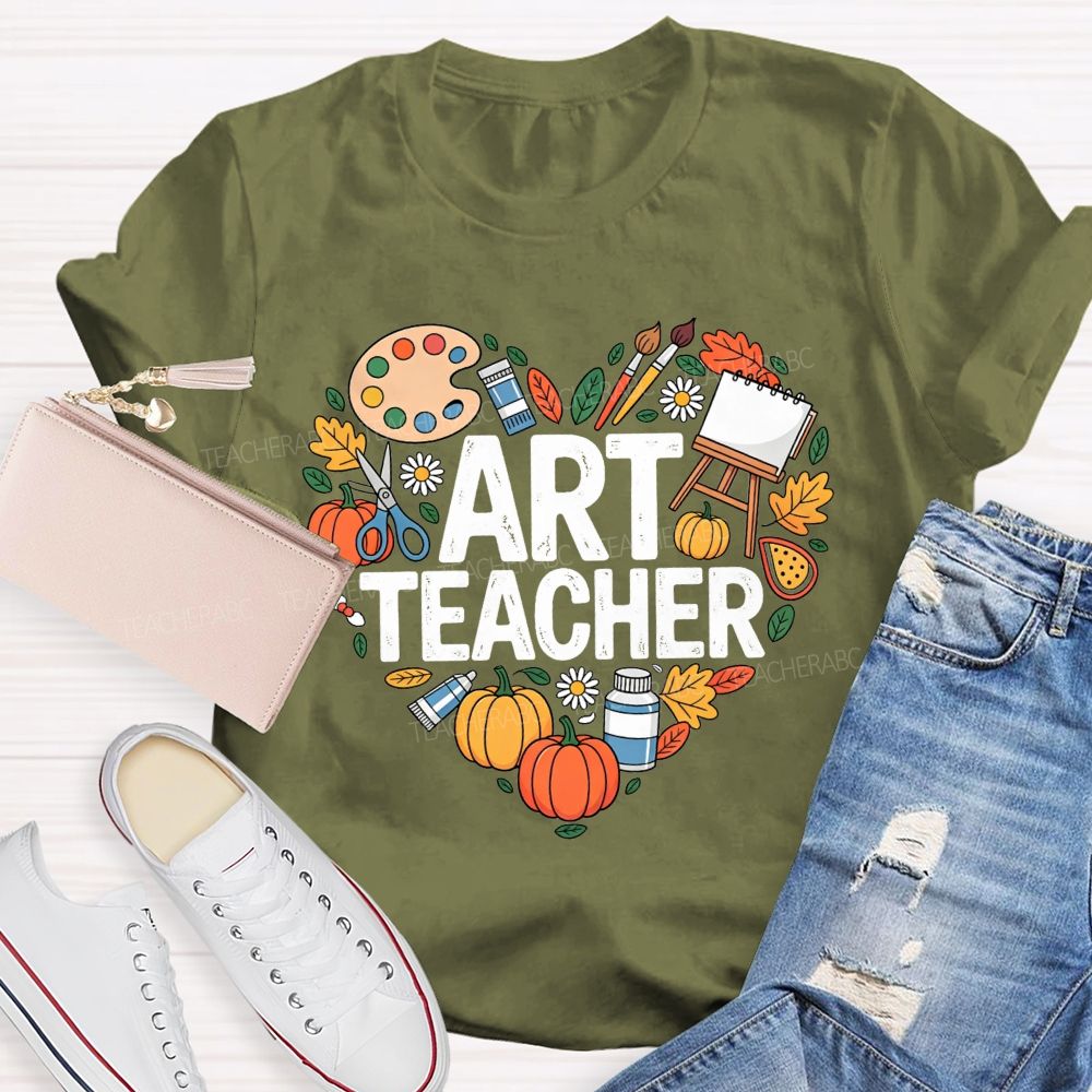 Fall Art Teacher Powered By Paint And Pumpkins Teacher T-shirt