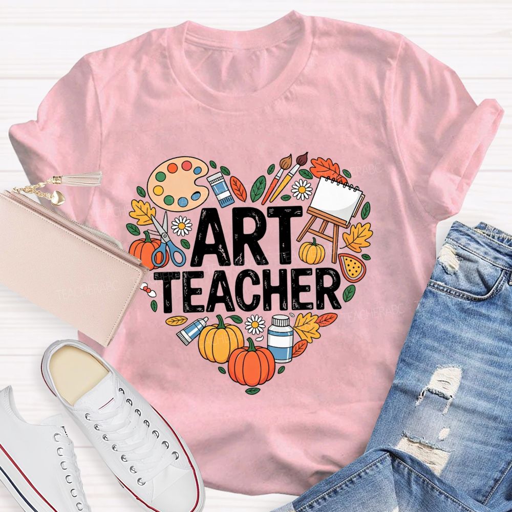 Fall Art Teacher Powered By Paint And Pumpkins Teacher T-shirt