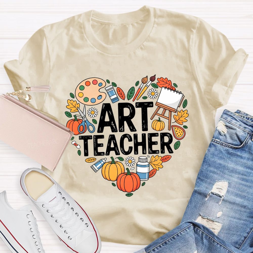 Fall Art Teacher Powered By Paint And Pumpkins Teacher T-shirt
