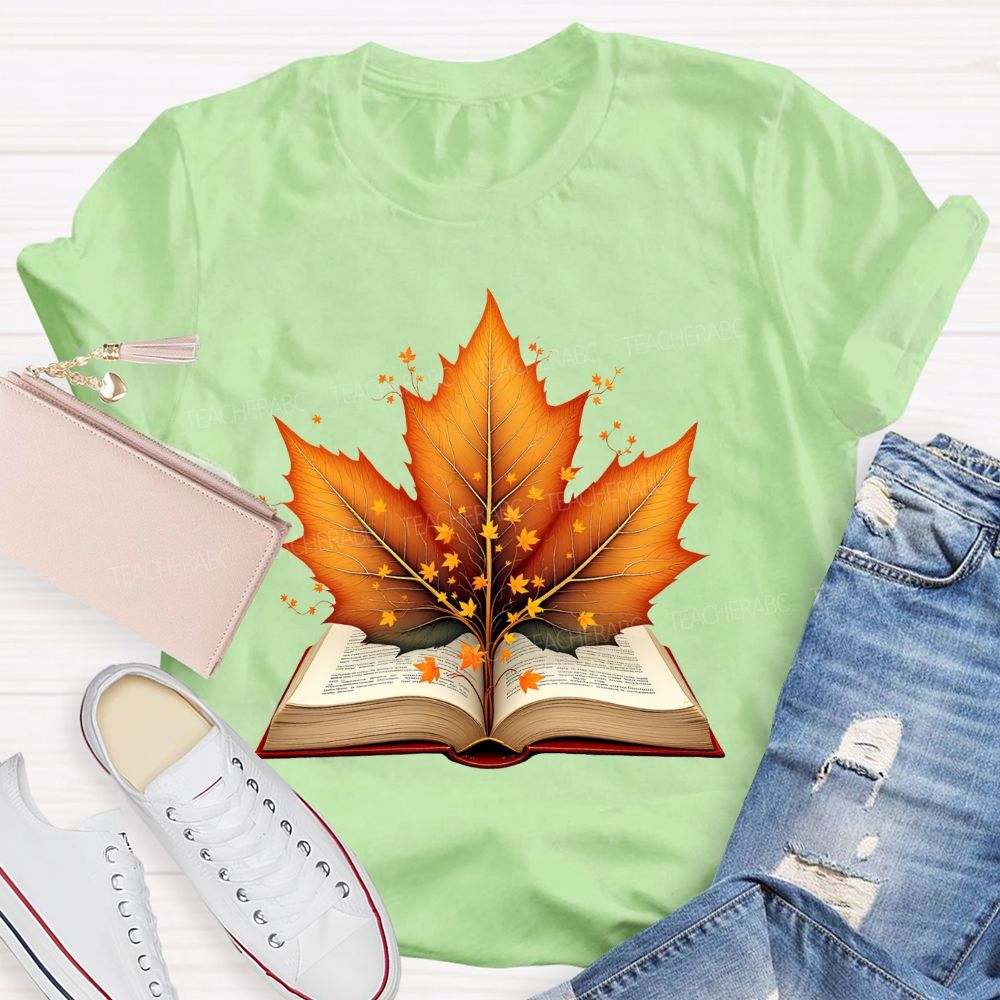 Books And Autumn Leaves Reading Brings Autumn Teacher T-shirt