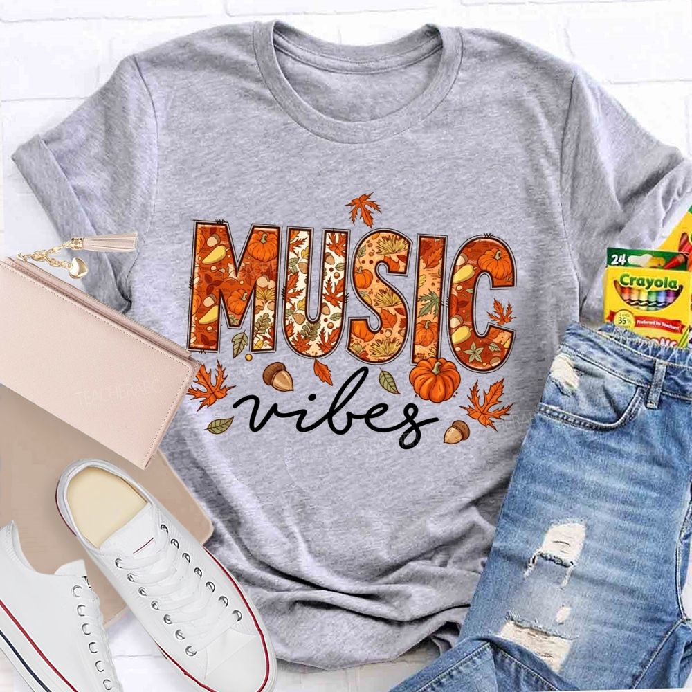 Maple Leaves And Melodies Fall Music Vibes Teacher T-shirt