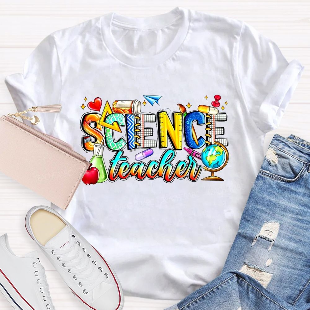 Science Teacher Colorful All Things Lab And Discovery Teacher T-shirt
