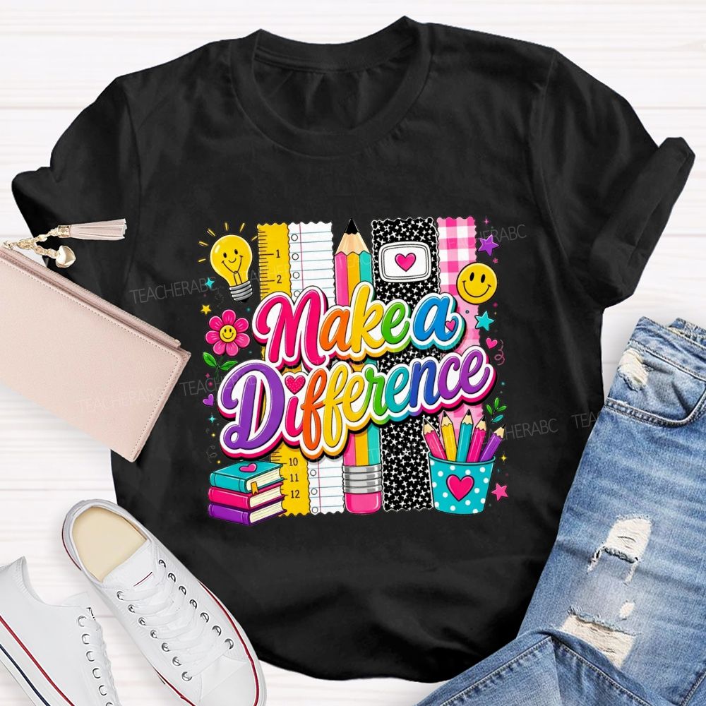 Make A Difference Teacher Rainbow Lettering Teacher T-shirt