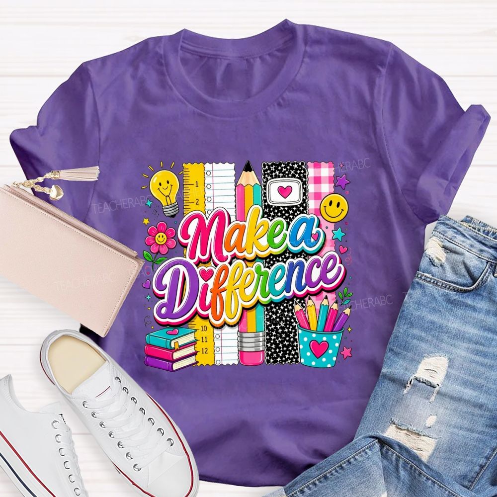 Make A Difference Teacher Rainbow Lettering Teacher T-shirt