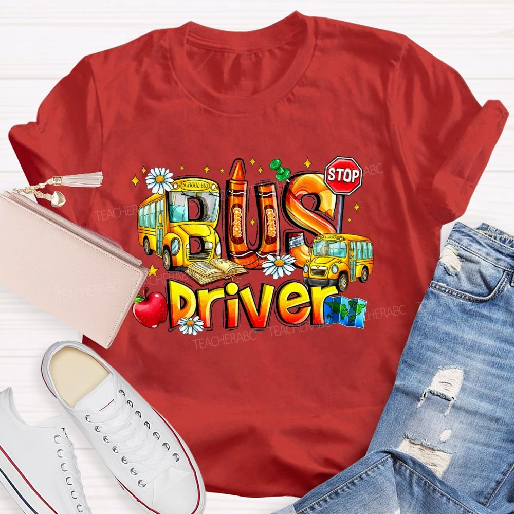 School Bus Driver Apple Daisy Stop Sign T-shirt