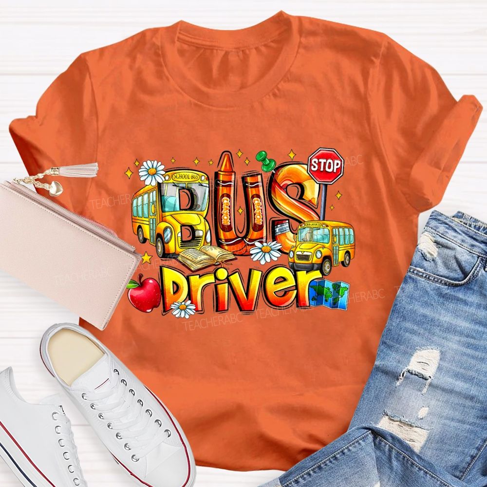 School Bus Driver Apple Daisy Stop Sign T-shirt