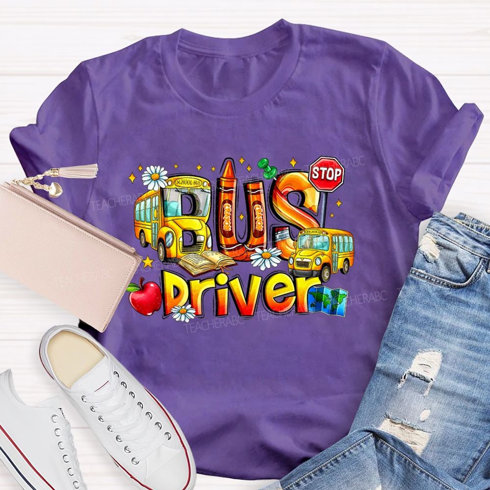 School Bus Driver Apple Daisy Stop Sign T-shirt