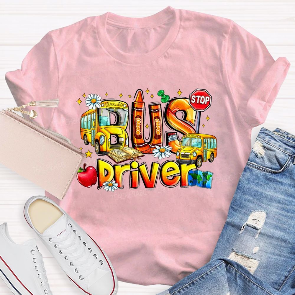 School Bus Driver Apple Daisy Stop Sign T-shirt