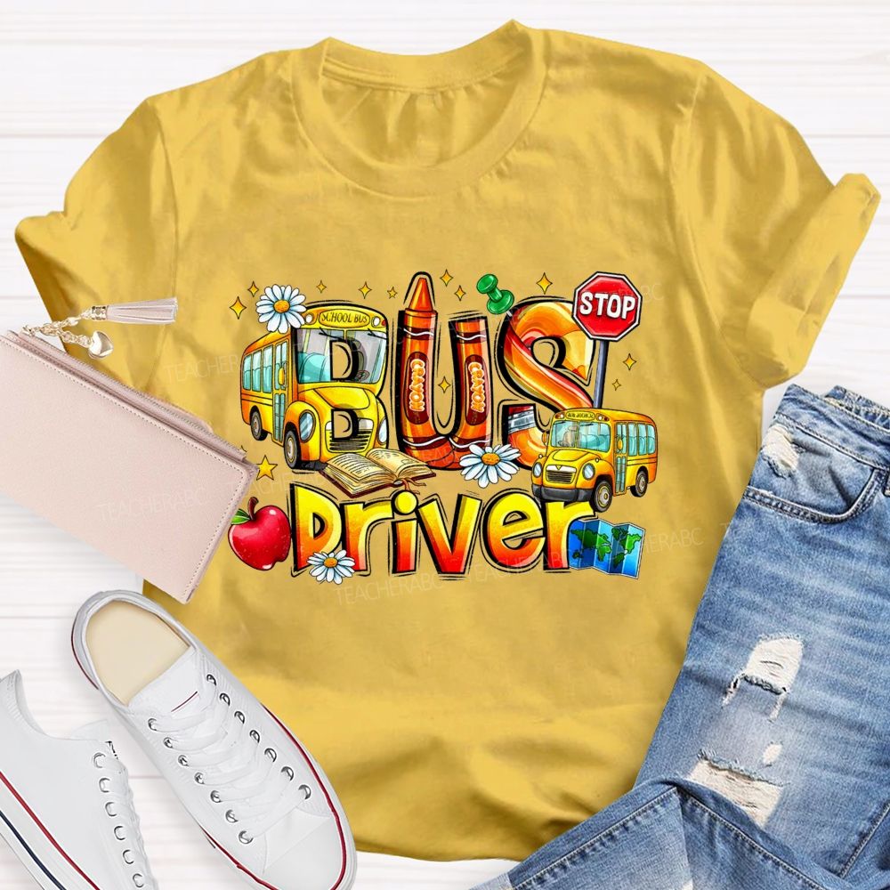 School Bus Driver Apple Daisy Stop Sign T-shirt