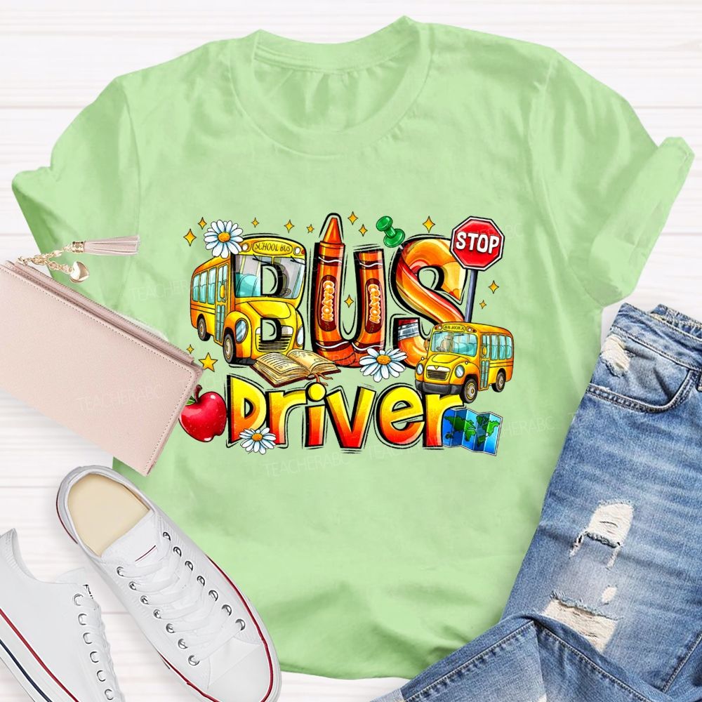 School Bus Driver Apple Daisy Stop Sign T-shirt