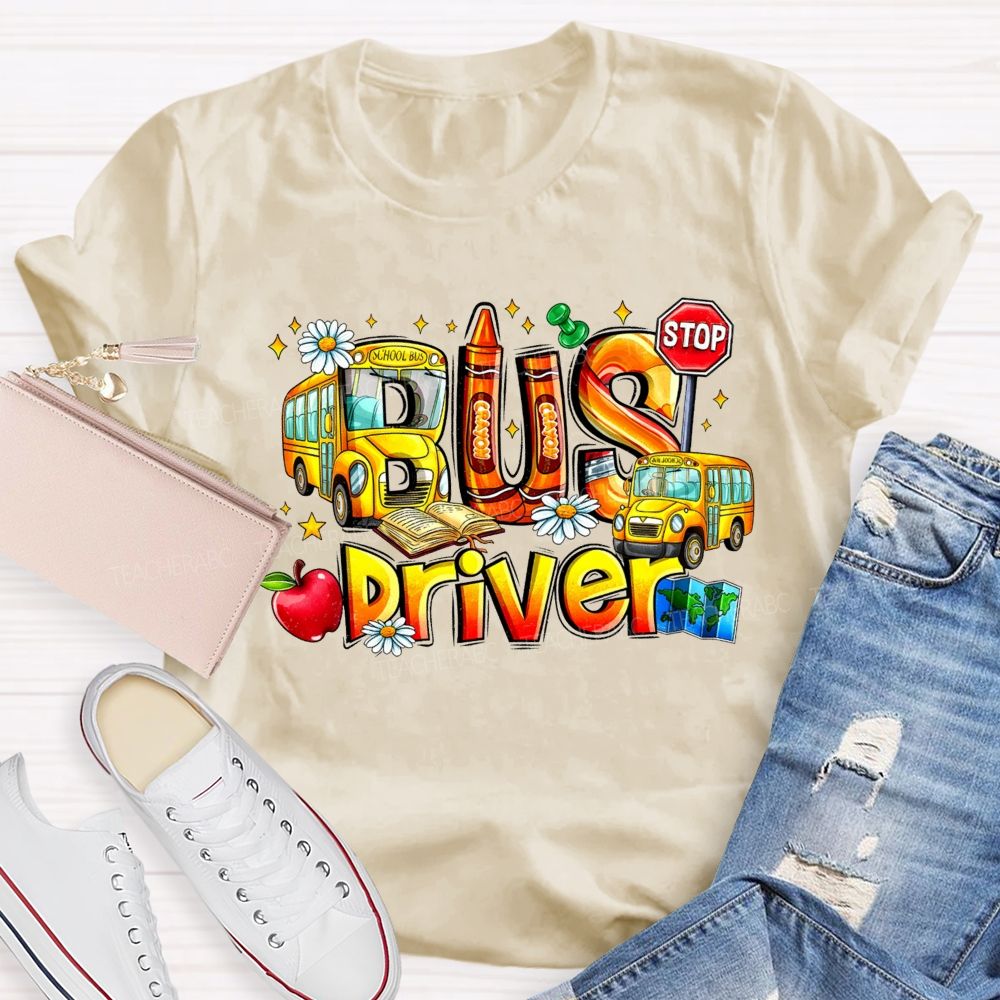 School Bus Driver Apple Daisy Stop Sign T-shirt