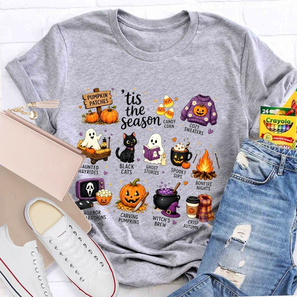 Tis The Season Fall Halloween Bucket List Teacher T-shirt