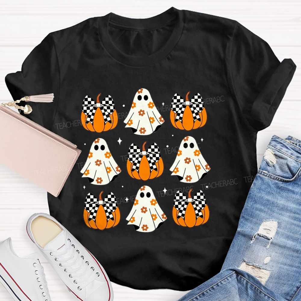 Floral Ghost Checkered Bow Pumpkin Halloween Teacher T-shirt