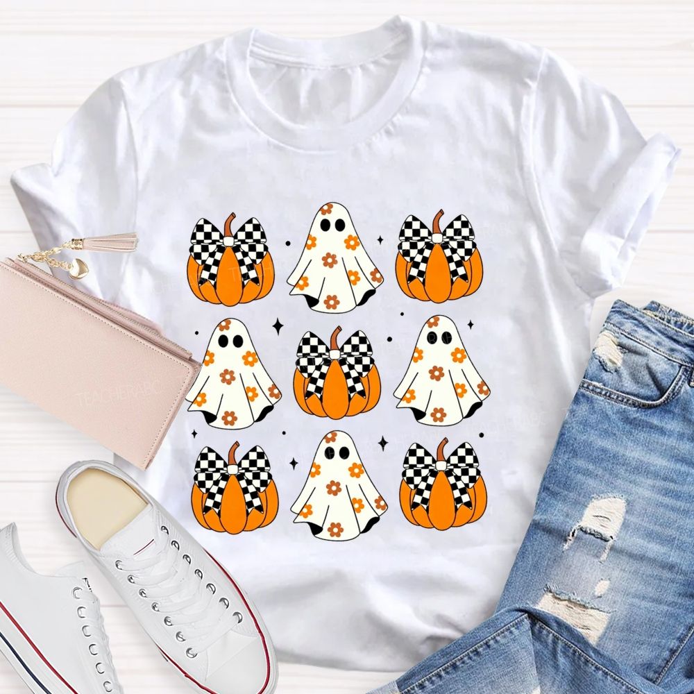 Floral Ghost Checkered Bow Pumpkin Halloween Teacher T-shirt