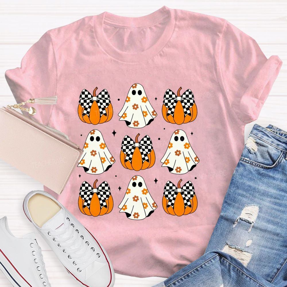 Floral Ghost Checkered Bow Pumpkin Halloween Teacher T-shirt