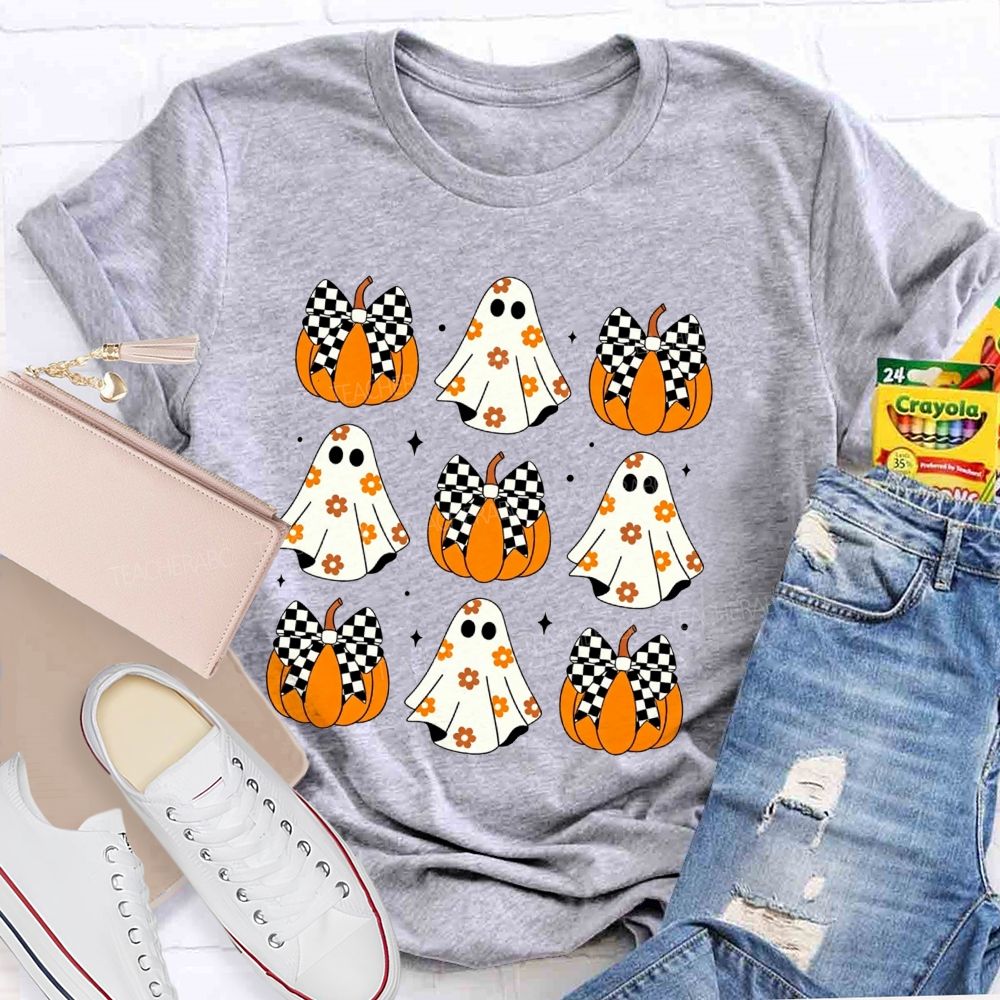 Floral Ghost Checkered Bow Pumpkin Halloween Teacher T-shirt