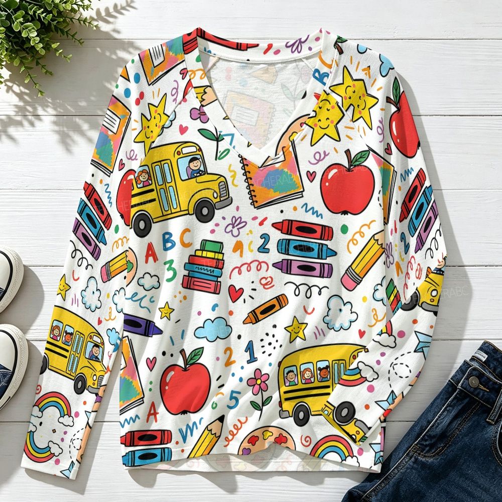 School Bus Back To School Raglan V-Neck Long Sleeve Top