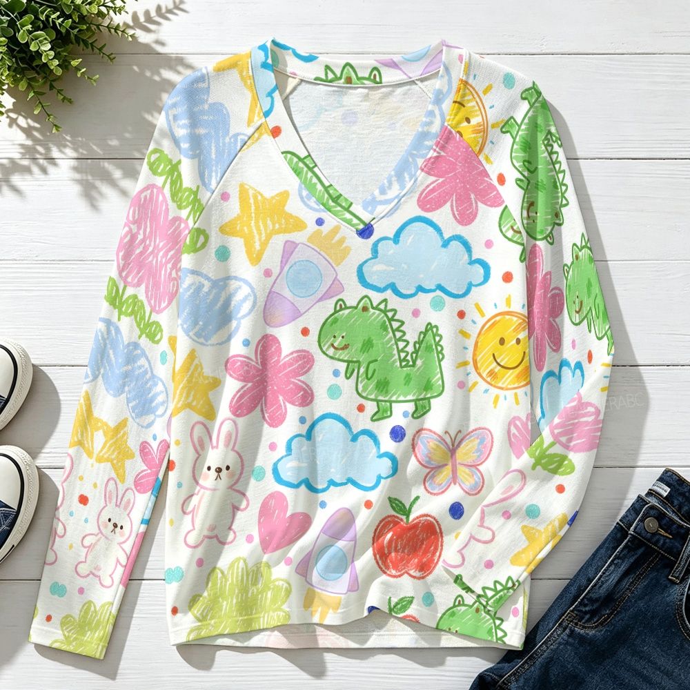 Cute Dinosaur Flower Raglan V-Neck Long Sleeve Top