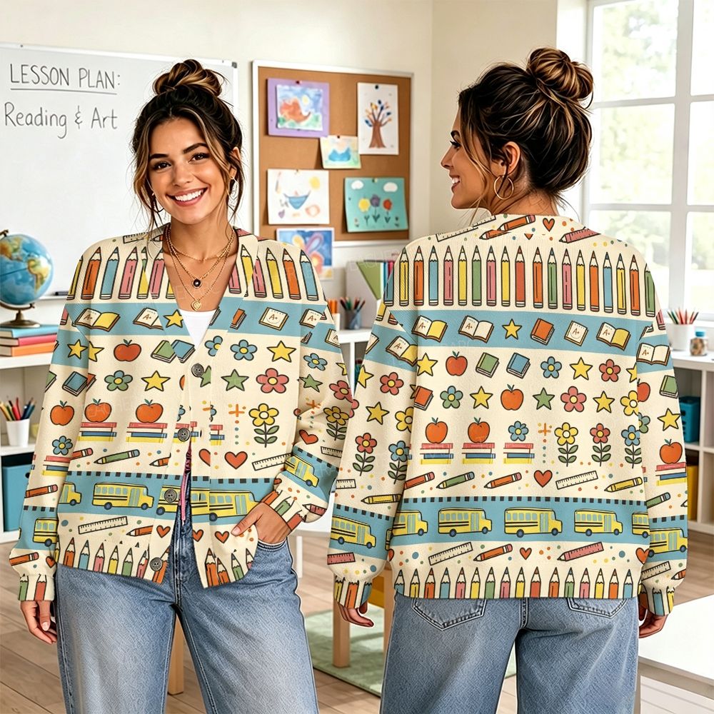 Apple Books School Bus Teacher Sweater-Style Cardigan