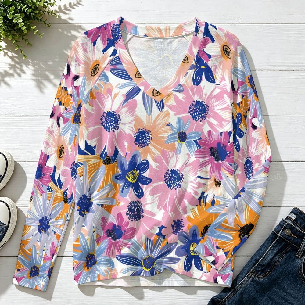 Purple Pink Flower Raglan V-Neck Long Sleeve Top