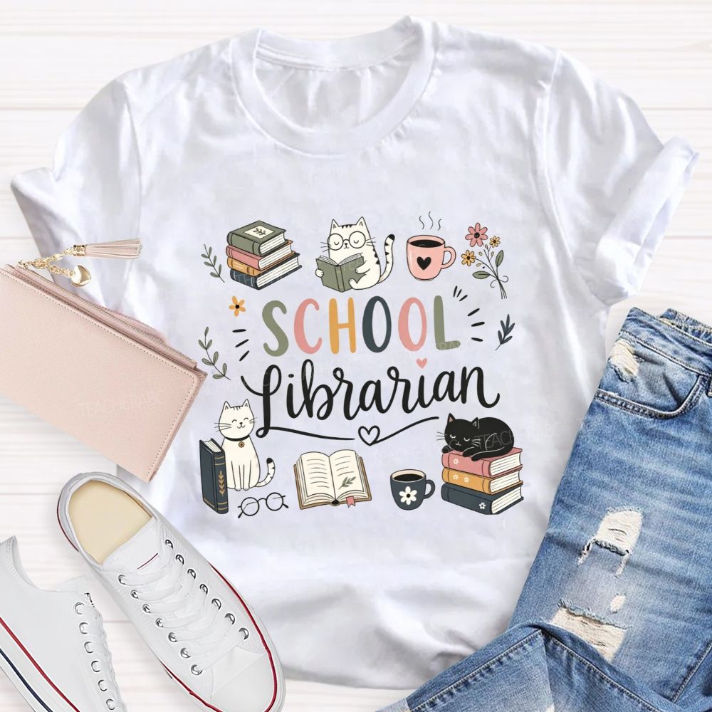 Librarian Mode Books Cats And Coffee T-shirt