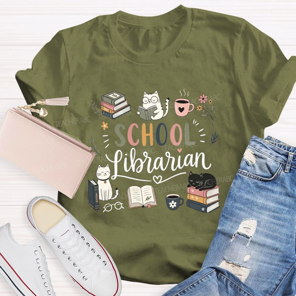 Librarian Mode Books Cats And Coffee T-shirt