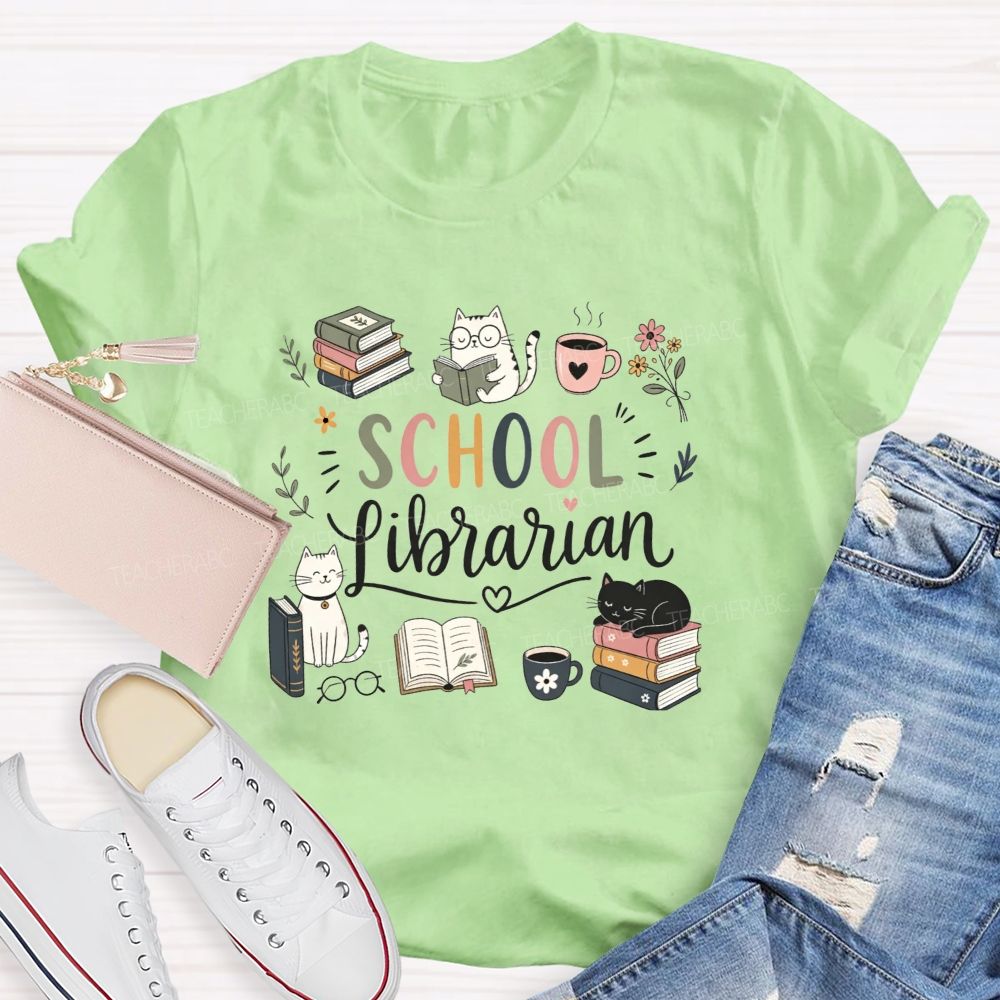 Librarian Mode Books Cats And Coffee T-shirt