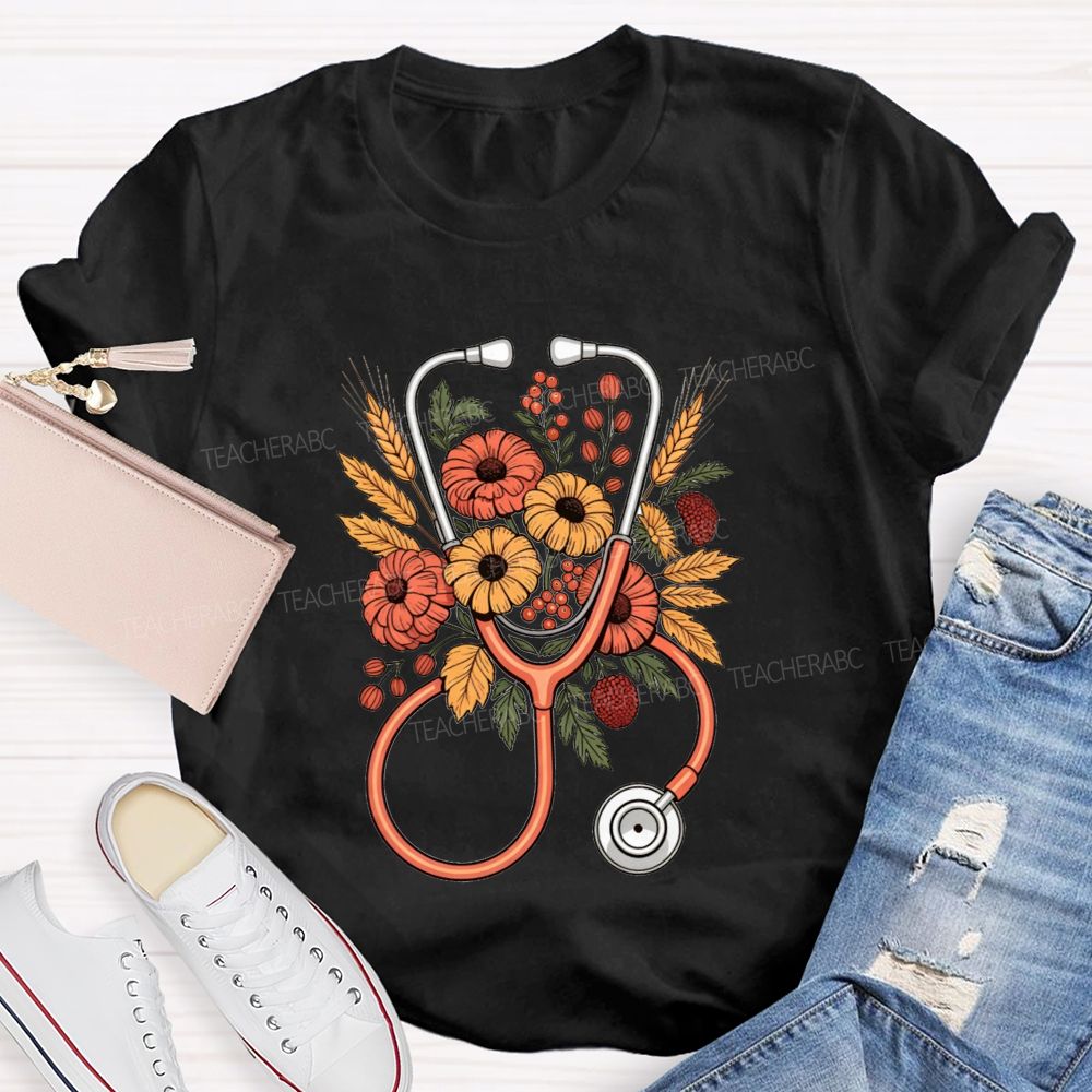 School Nurse Fall Flowers And Healing Hearts T-shirt