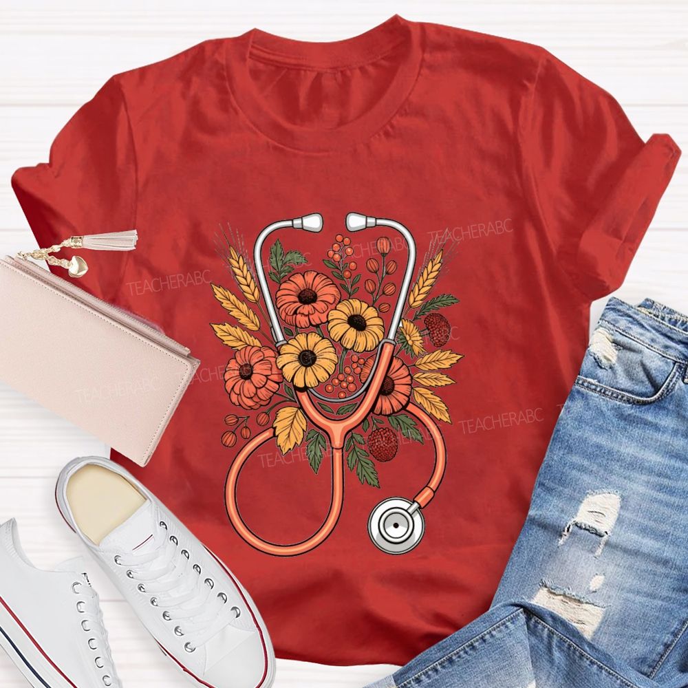 School Nurse Fall Flowers And Healing Hearts T-shirt