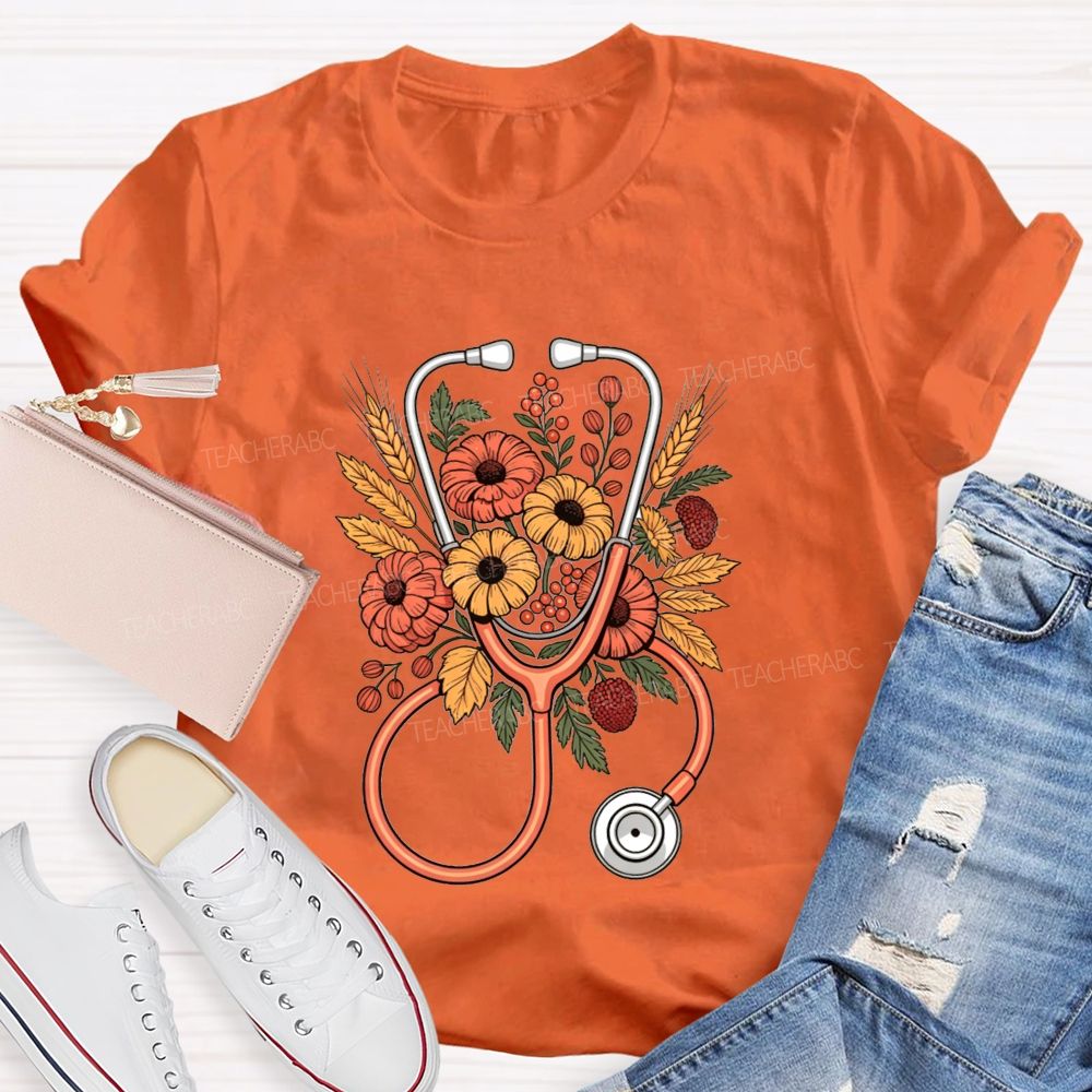 School Nurse Fall Flowers And Healing Hearts T-shirt