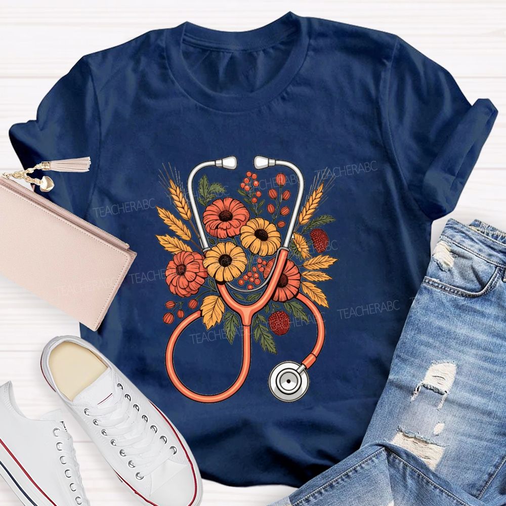 School Nurse Fall Flowers And Healing Hearts T-shirt