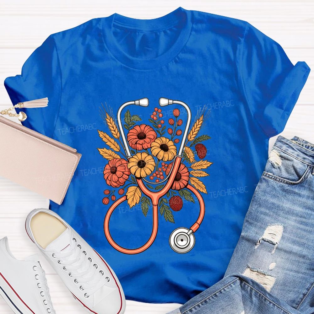 School Nurse Fall Flowers And Healing Hearts T-shirt