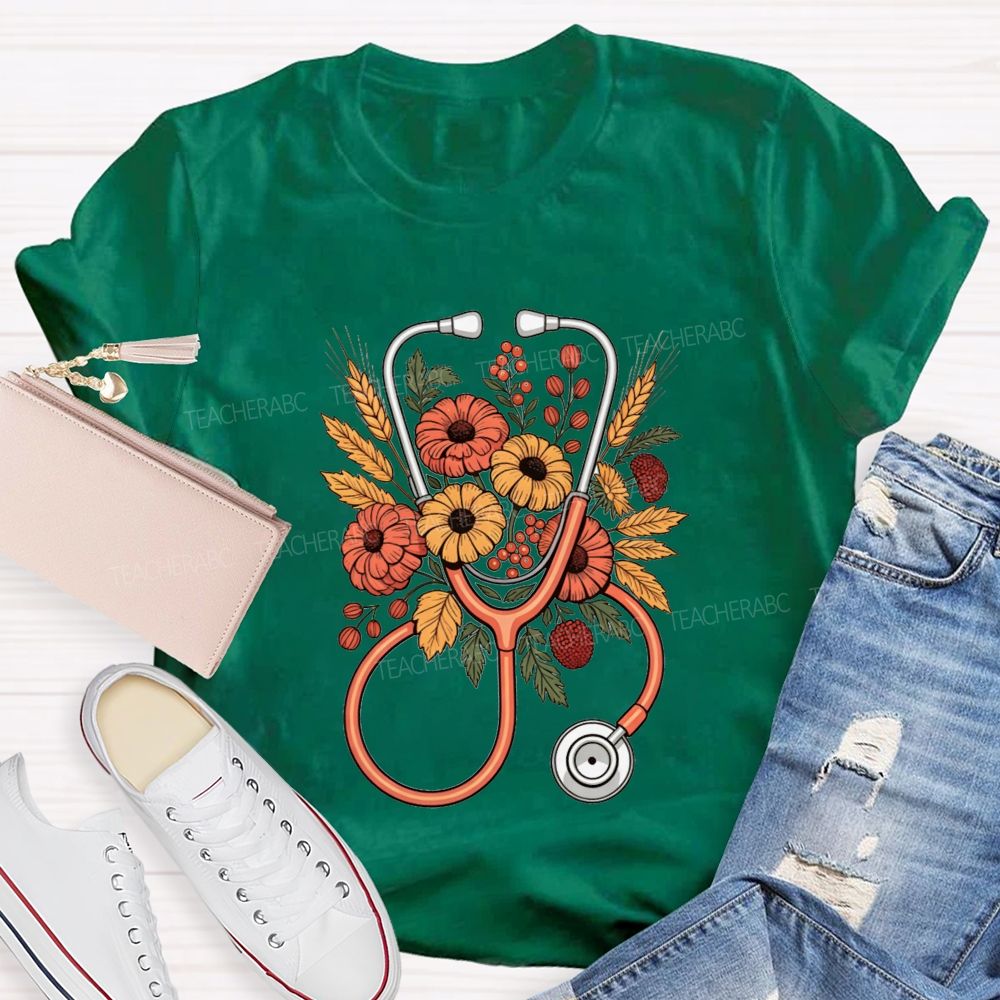School Nurse Fall Flowers And Healing Hearts T-shirt