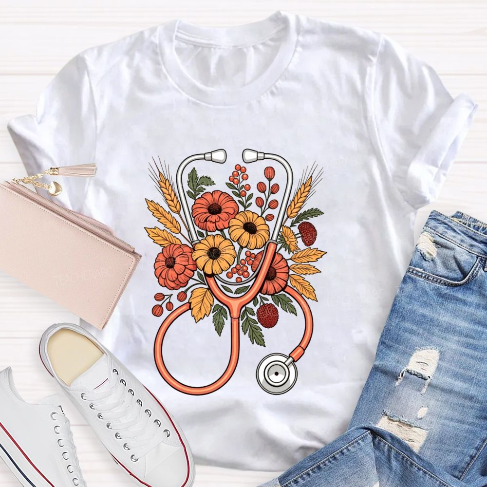 School Nurse Fall Flowers And Healing Hearts T-shirt