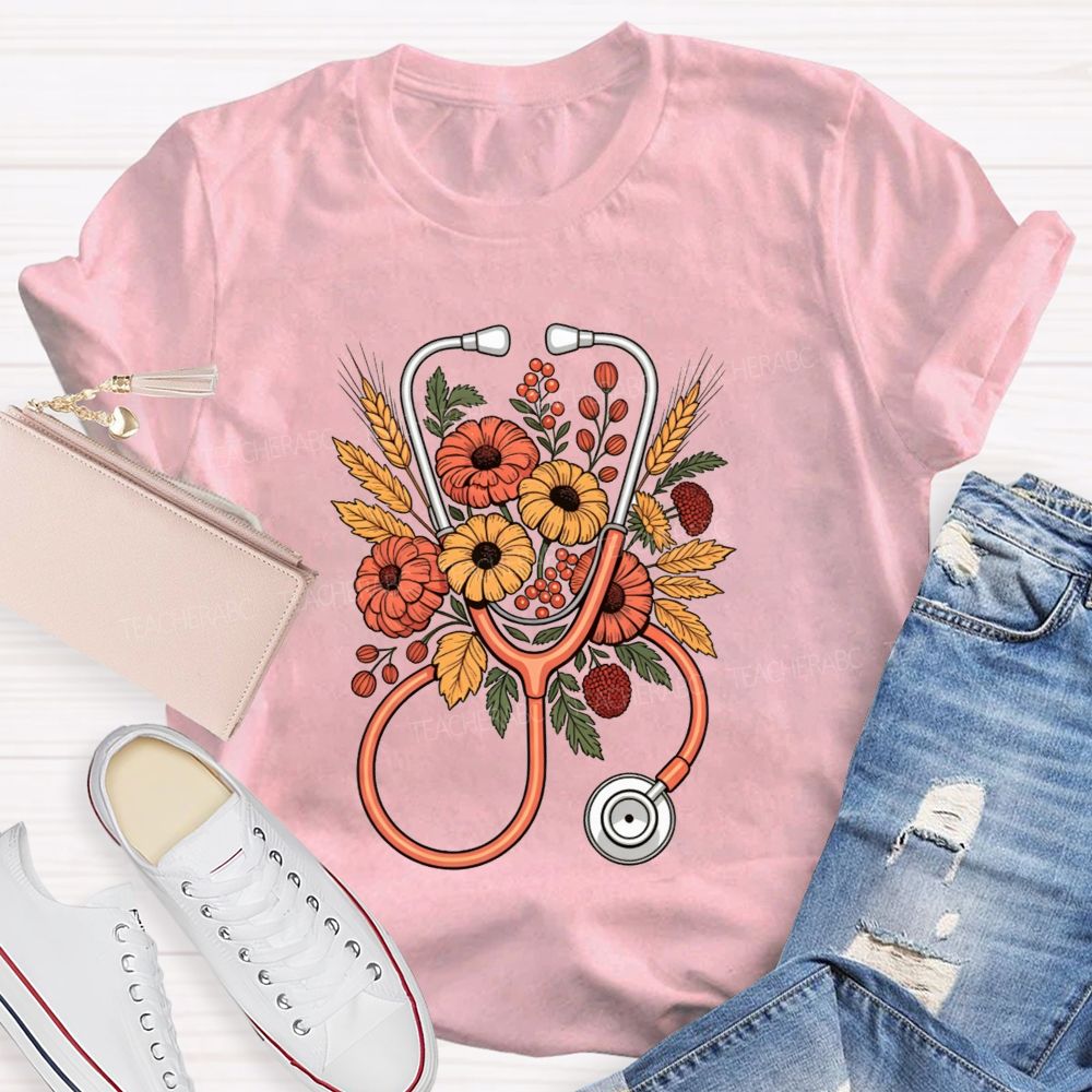 School Nurse Fall Flowers And Healing Hearts T-shirt