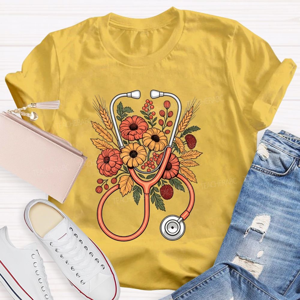 School Nurse Fall Flowers And Healing Hearts T-shirt