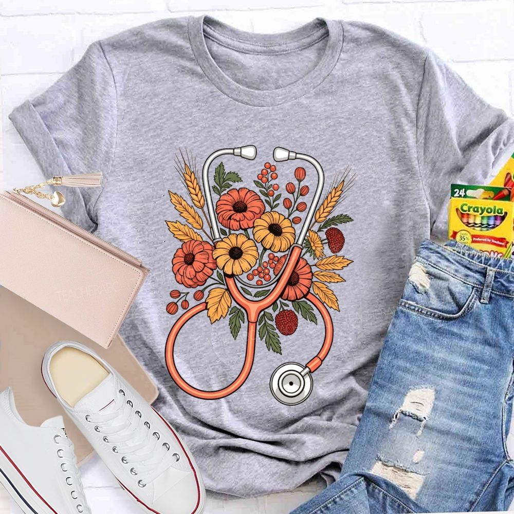 School Nurse Fall Flowers And Healing Hearts T-shirt