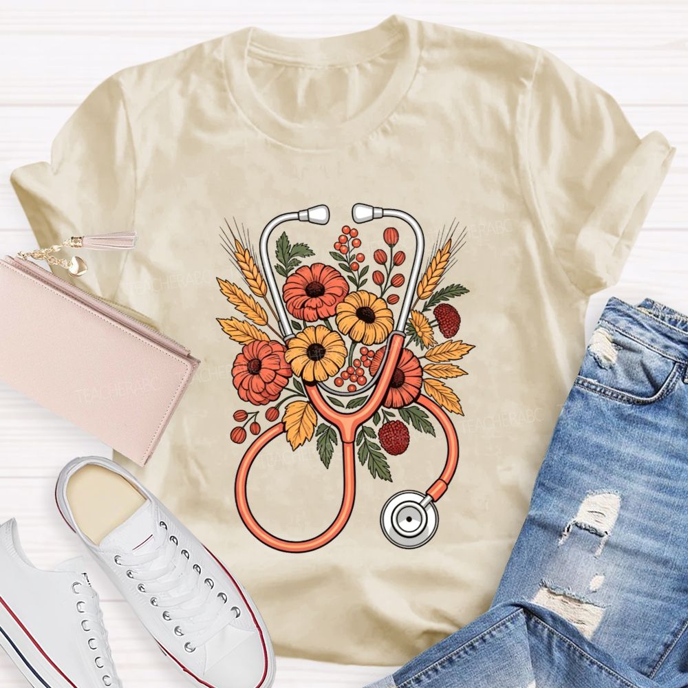 School Nurse Fall Flowers And Healing Hearts T-shirt