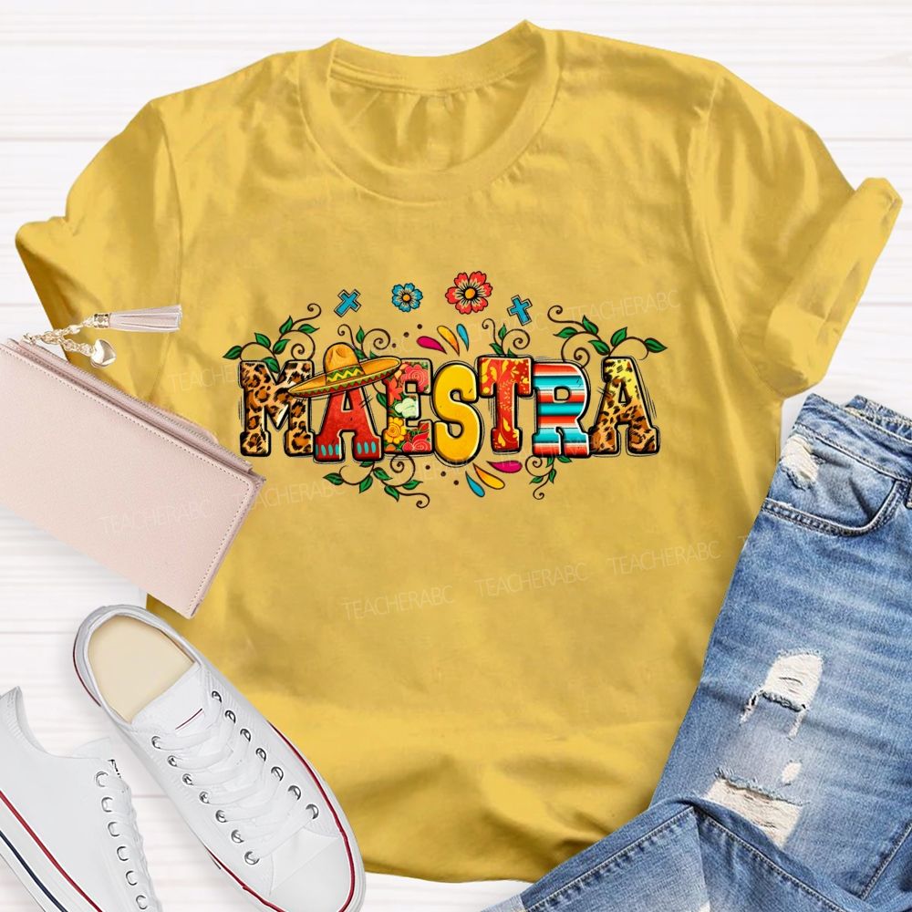 Maestra Fiesta Leopard Serape Floral Teacher T-shirt
