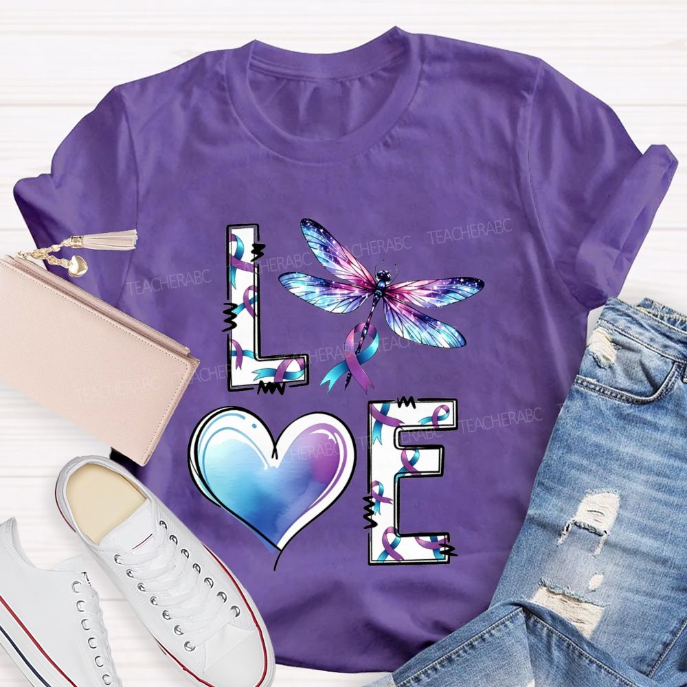 Love Dragonfly Purple Teal Ribbon And Heart Teacher T-shirt