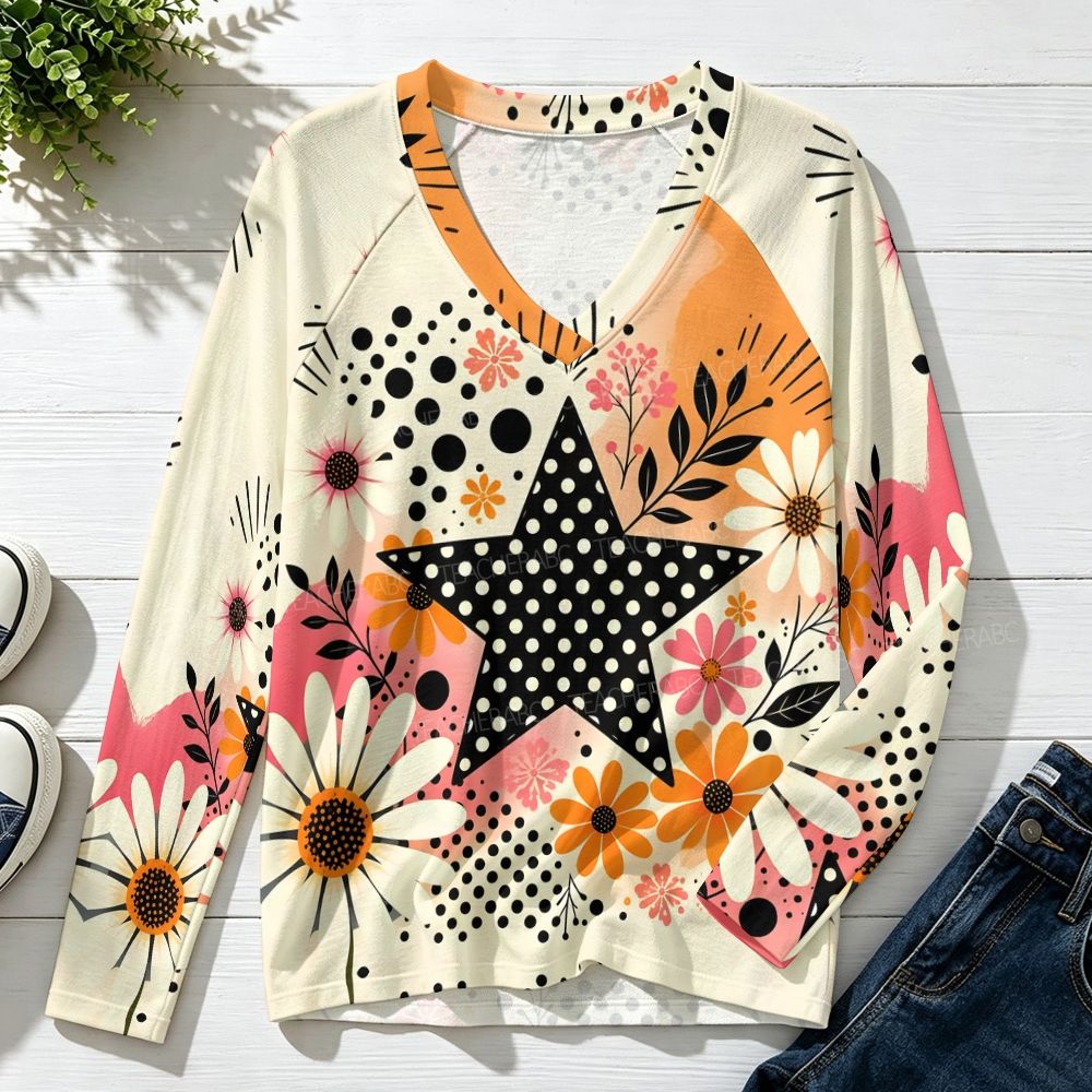 Star Daisy Bright Floral Raglan V-Neck Long Sleeve Top