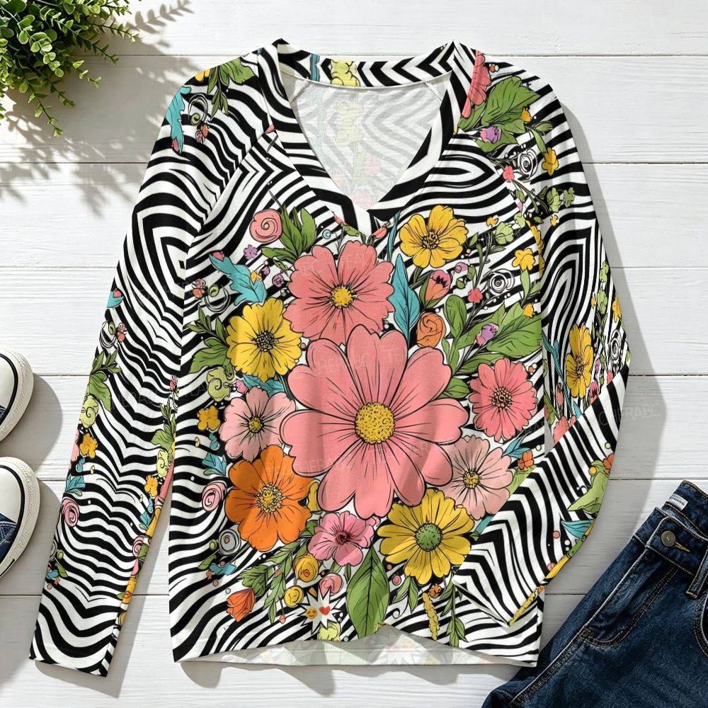 Zebra-striped floral pattern Raglan V-Neck Long Sleeve Top