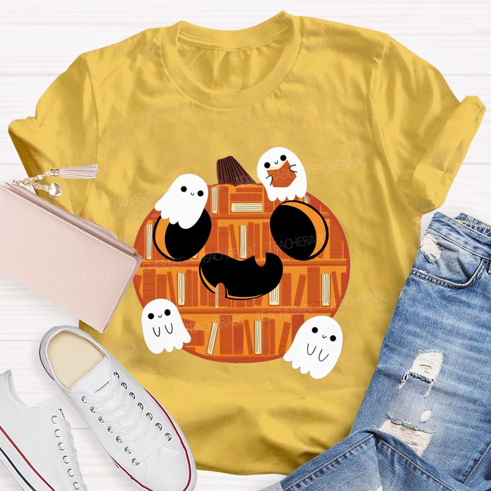 Bookshelf Pumpkin Cute Ghosts Teacher T-shirt
