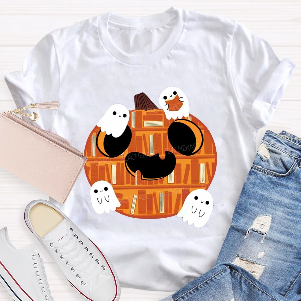 Bookshelf Pumpkin Cute Ghosts Teacher T-shirt
